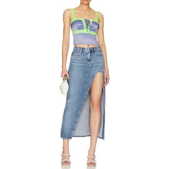 Superdown Adele Lace Up Cami Top Satin in Blue green Cropped Size XL Revolve Y2K - Picture 3 of 10